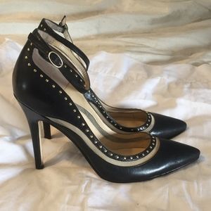 Black Leather Studded Pointed Toe Heels